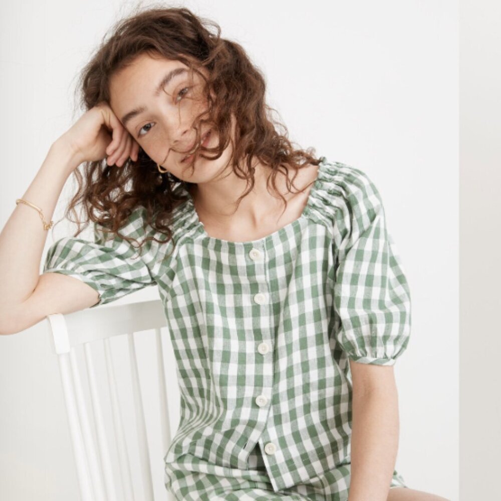 Madewell Green and White Gingham Puff-Sleeve Button-Front Top